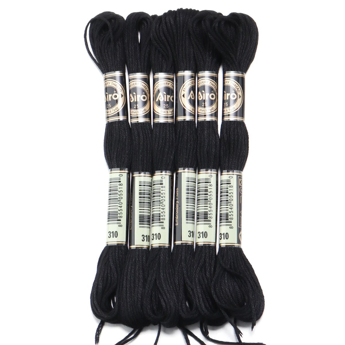 A set of six black embroidery threads for cross stitch and DIY crafts, packaged in individual skeins.