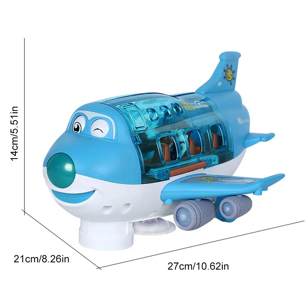 A blue toy airplane with a smiling face and transparent cockpit features music and lights.
