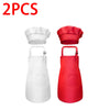 A set of two red chef hats and white aprons for kids.