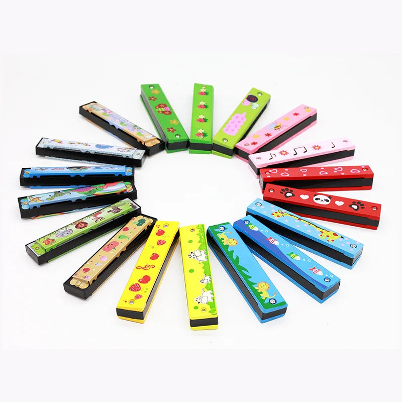 A collection of colorful wooden harmonicas featuring various cartoon animal designs arranged in a circle.
