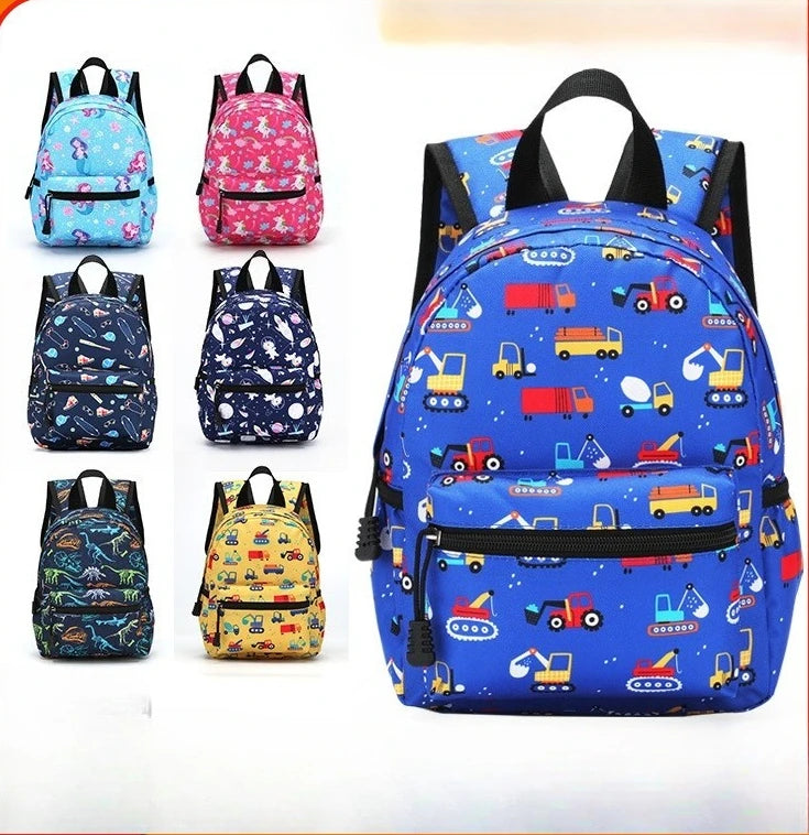 A collection of colorful cartoon kids backpacks in various patterns and colors displayed against a white background.