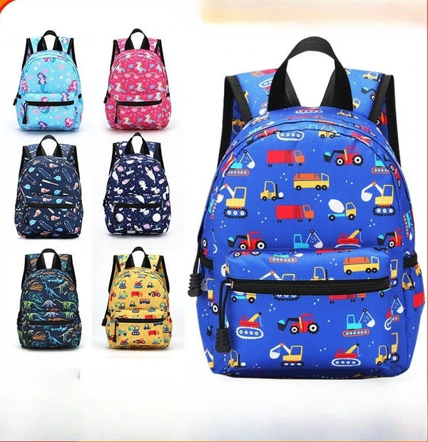 A collection of colorful cartoon kids backpacks in various patterns and colors displayed against a white background.
