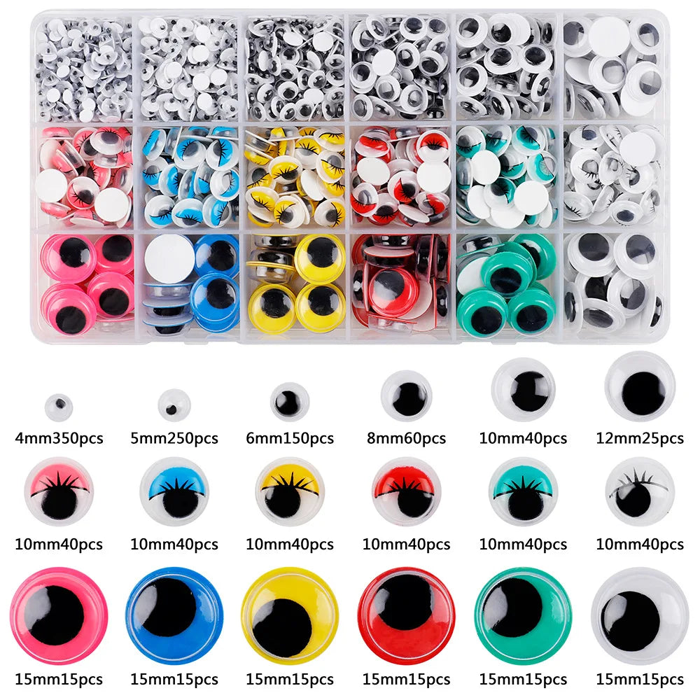 A collection of self-adhesive googly eyes in various sizes and colors, including black, white, red, blue, yellow, and pink.