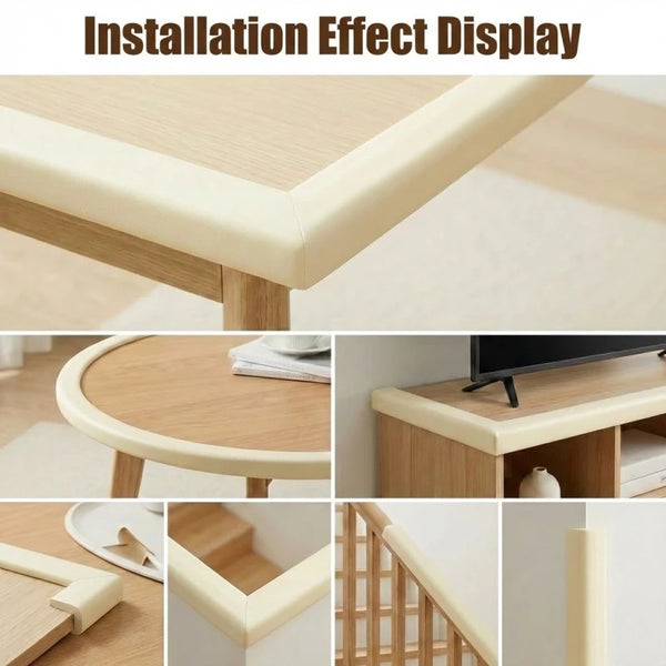Various installation and effect displays of wooden table corner safety bumpers for baby protection