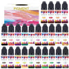 A collection of vibrant alcohol ink pigments in various colors displayed in glass bottles.