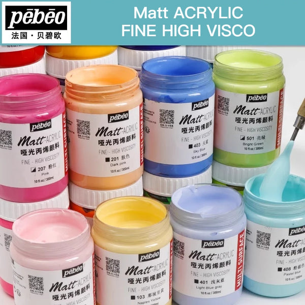 Bouteilles de peinture acrylique mate Fine High Visco en diverses couleurs : rose, orange, bleu et vert.