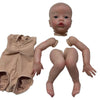 A realistic reborn baby doll kit with painted details and a cloth body, shown from the front.