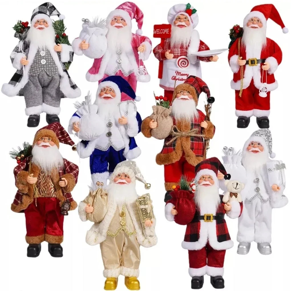 A collection of various Christmas Santa Claus figurines in different outfits and sizes for holiday decor