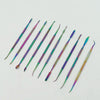 A set of ten colorful stainless steel clay sculpting tools arranged diagonally on a white background.