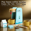 A light blue wooden play house coffee machine with a yellow cup and milk accessories on a wooden surface.