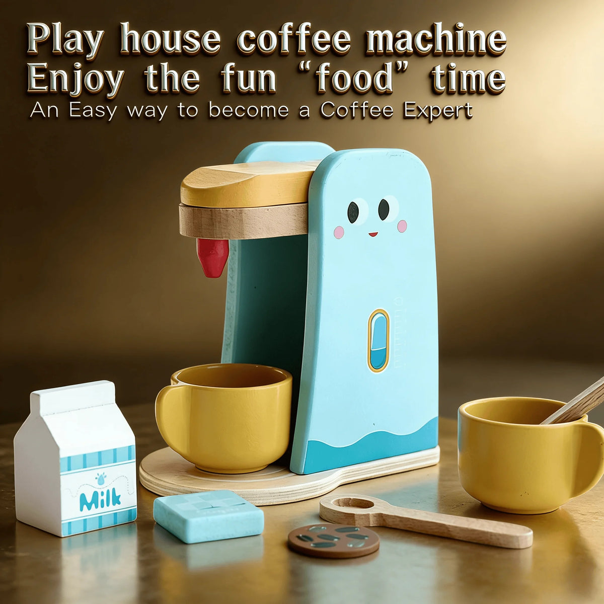 A light blue wooden play house coffee machine with a yellow cup and milk accessories on a wooden surface.