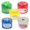 A collection of four jars of colorful slime putty including green, red, yellow, and clear pink varieties.