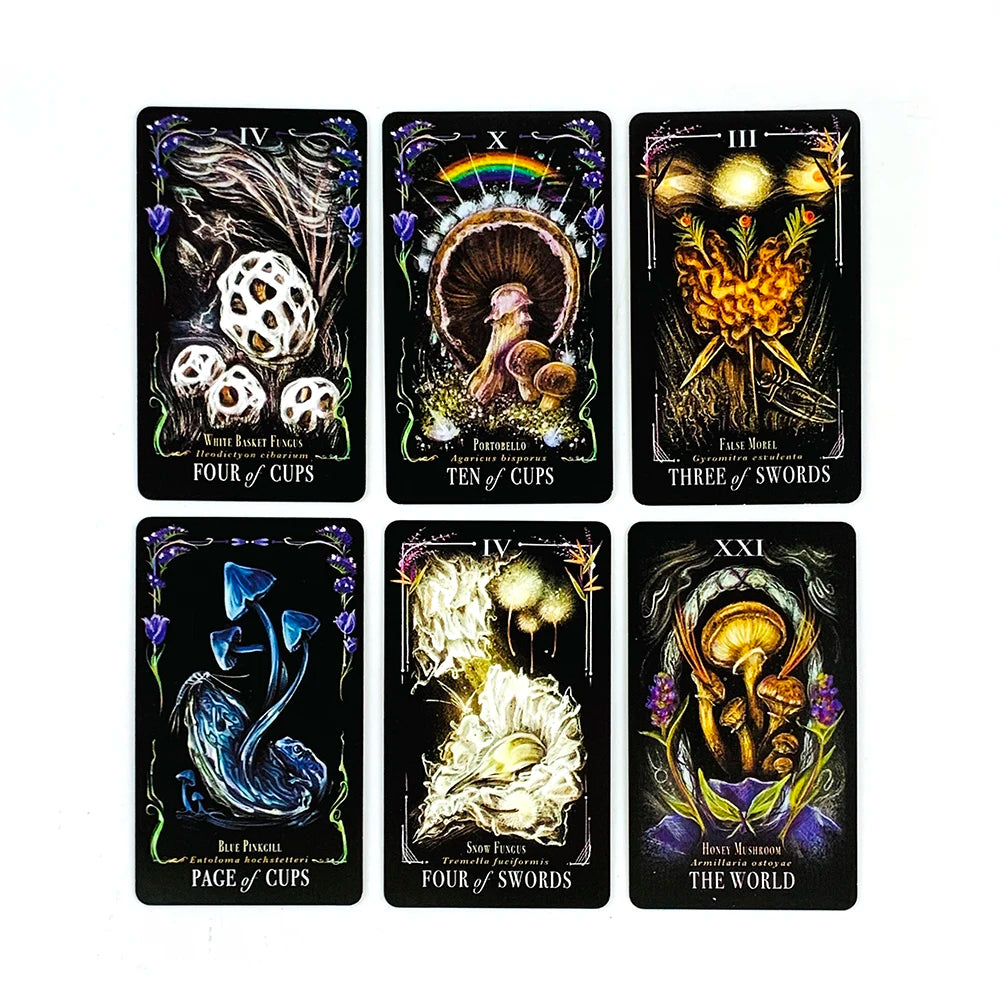 A collection of nine tarot cards featuring mystical imagery and dark backgrounds from the Midnight Magic Mushroom Tarot Deck