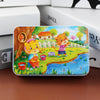A colorful jigsaw puzzle featuring woodland animals and a farm scene with a house and a field.