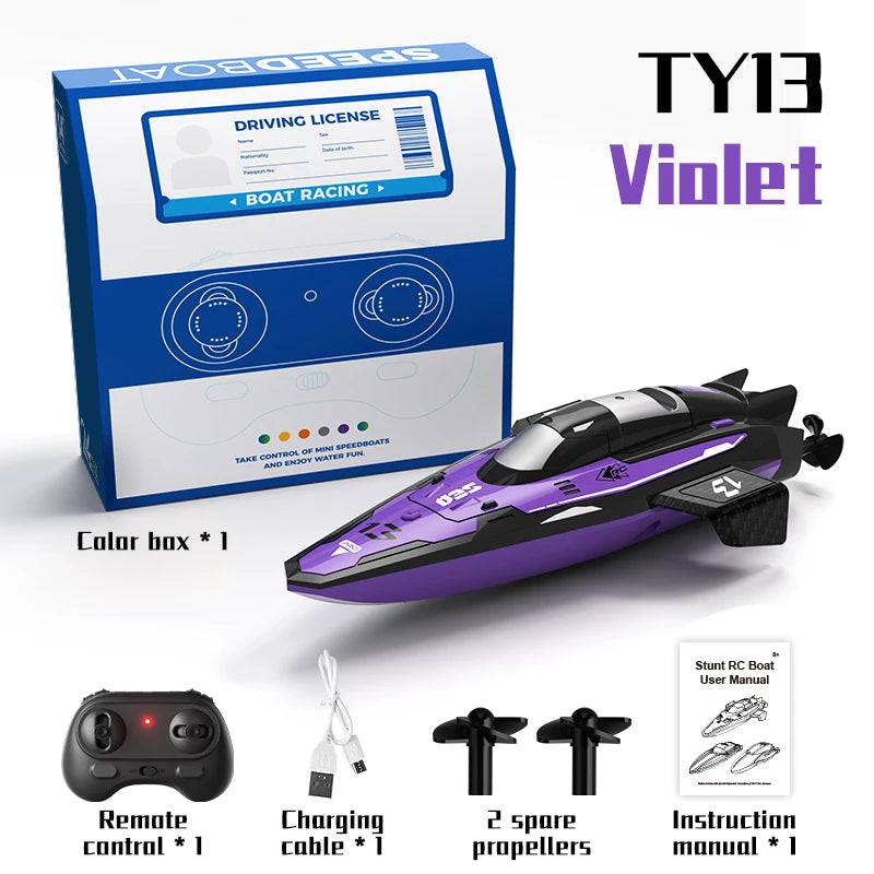 A purple high-speed remote control boat and its accessories including a color box, charging cable, and instruction manual.
