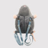 A gray mouse plush toy with pink accents and a fabric strap attached.