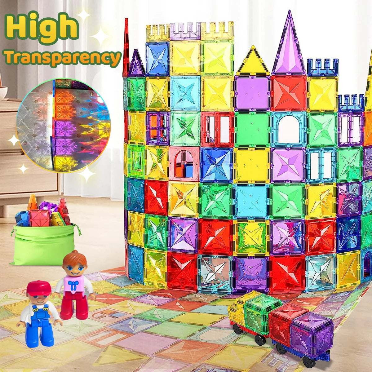 A large structure built from colorful magnetic building blocks, demonstrating high transparency and educational construction.