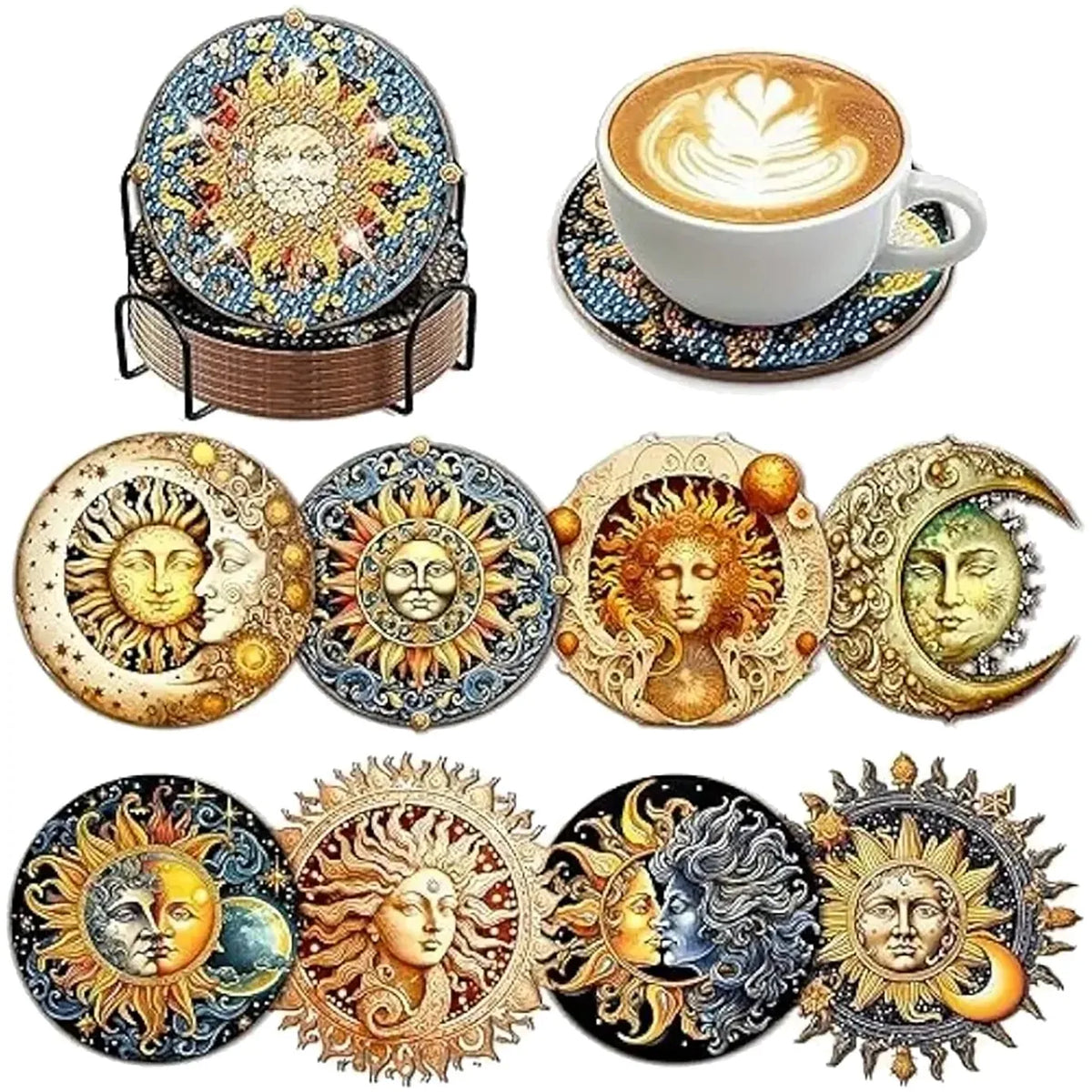 A collection of DIY diamond art coasters featuring sun, moon, and face designs in various colors and textures.
