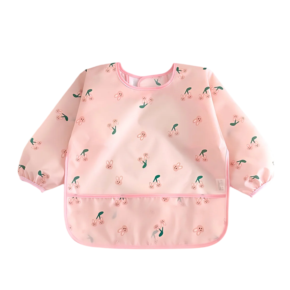 Pink full-sleeve waterproof baby bib with a cute cartoon design featuring small flowers and leaves.