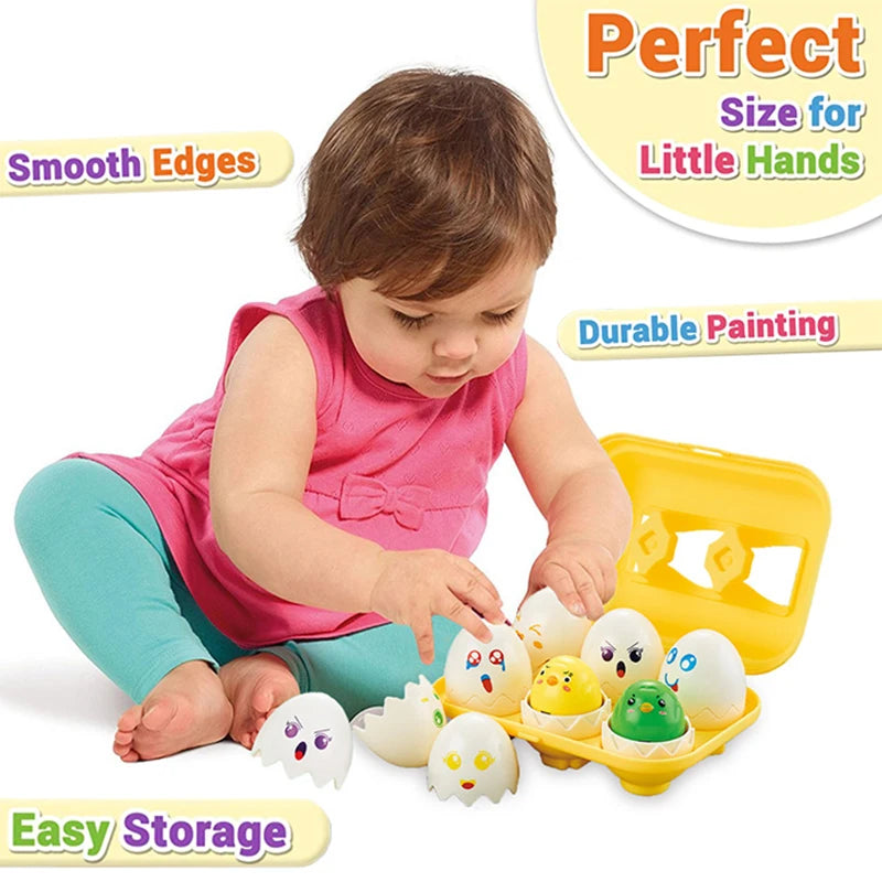 A toddler is interacting with a set of colorful, painted eggs used as a learning toy for little hands.