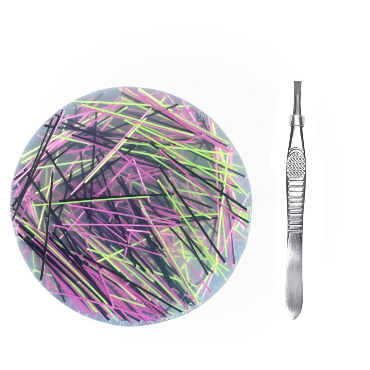 A circular silicone fidget picking pad with colored lines and a metal tweezer tool.