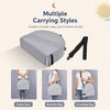 Multiple carrying styles shown for a portable foldable baby bed with mosquito net and mattress, including hand carry, shoulde