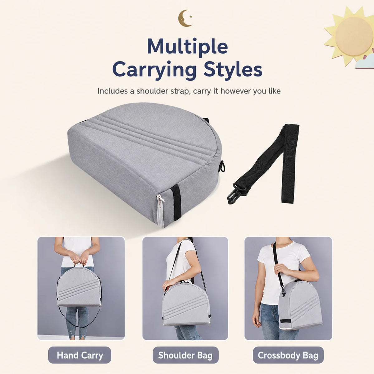 Multiple carrying styles shown for a portable foldable baby bed with mosquito net and mattress, including hand carry, shoulde
