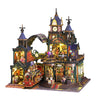 A detailed wooden miniature rail-track city dollhouse kit featuring buildings, shops, and furniture.
