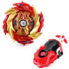 A red and gold metal spinning top battle set with a string launcher.
