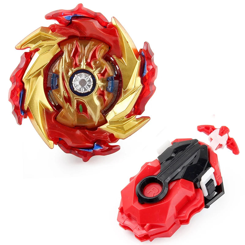 A red and gold metal spinning top battle set with a string launcher.