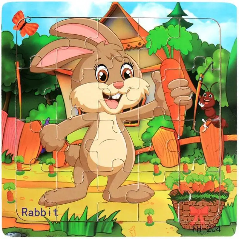 A 20-piece wooden puzzle featuring a cartoon rabbit character in a farm setting.