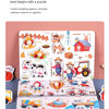 A wooden animal and shape jigsaw puzzle set featuring various animals like a donkey, cow, and chicken, and various shapes for