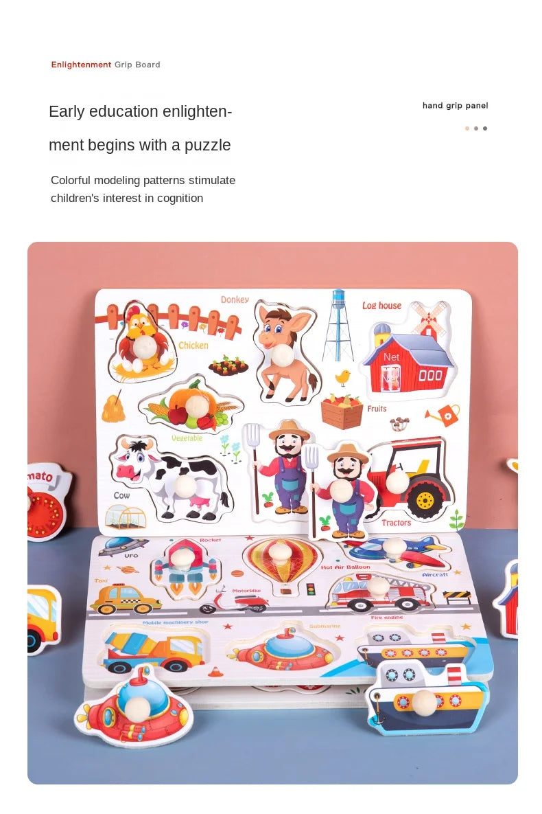 A wooden animal and shape jigsaw puzzle set featuring various animals like a donkey, cow, and chicken, and various shapes for