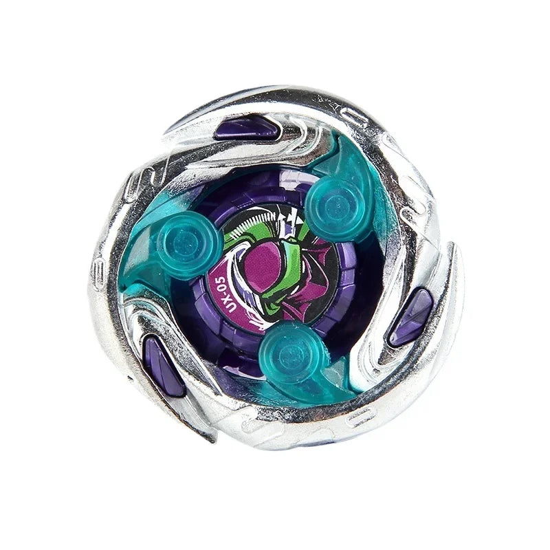A silver metal spinning top featuring purple and teal colored accents and a detailed internal mechanism.