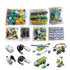 A collection of STEM programming building blocks and related components for kids, including various colored pieces and access