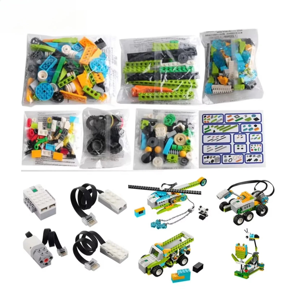 A collection of STEM programming building blocks and related components for kids, including various colored pieces and access