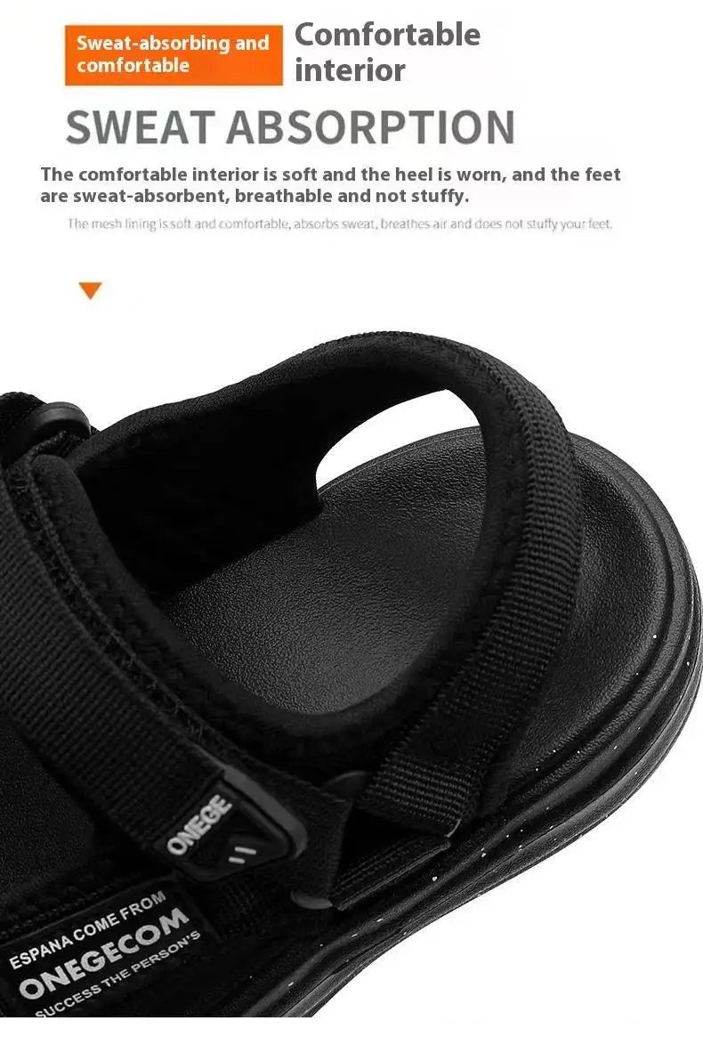 Close-up view of black Onedge summer sport sandals showing the interior and sole.