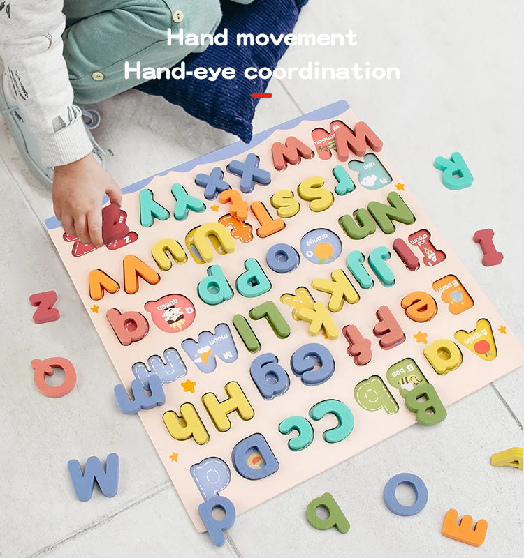 A wooden alphabet puzzle set showing various uppercase and lowercase letters scattered on a pink board.
