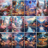 A collection of vibrant and detailed paint by numbers canvases depicting scenic landscapes, including traditional architectur