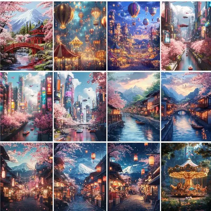 A collection of vibrant and detailed paint by numbers canvases depicting scenic landscapes, including traditional architectur
