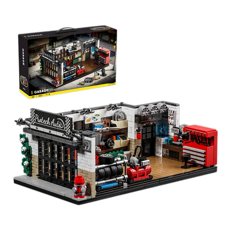 A detailed garage building blocks set featuring a multi-level structure with tools and equipment.