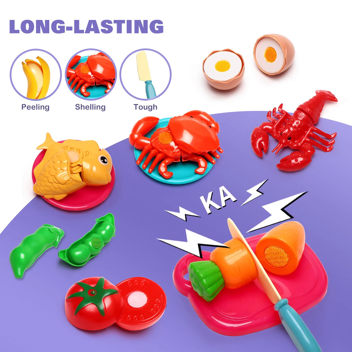 A set of 81 pretend play food items including peeling, shelling, and cutting practice for kids.