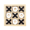 A wooden tic tac toe board game with twelve wooden pieces, eight black Xs and four white O's.