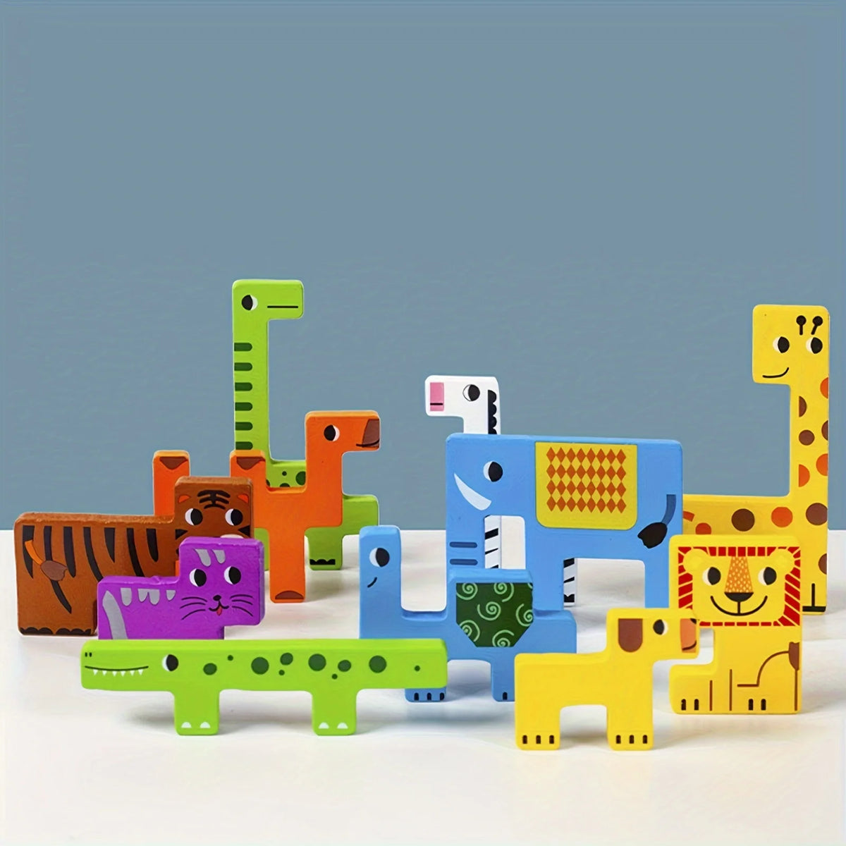 A collection of colorful wooden tangram puzzle pieces shaped like various animals and vehicles on a white surface.