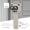 A grey cat-shaped glow-in-the-dark automatic toy with a USB charging cable and rope shown against a gray door background.