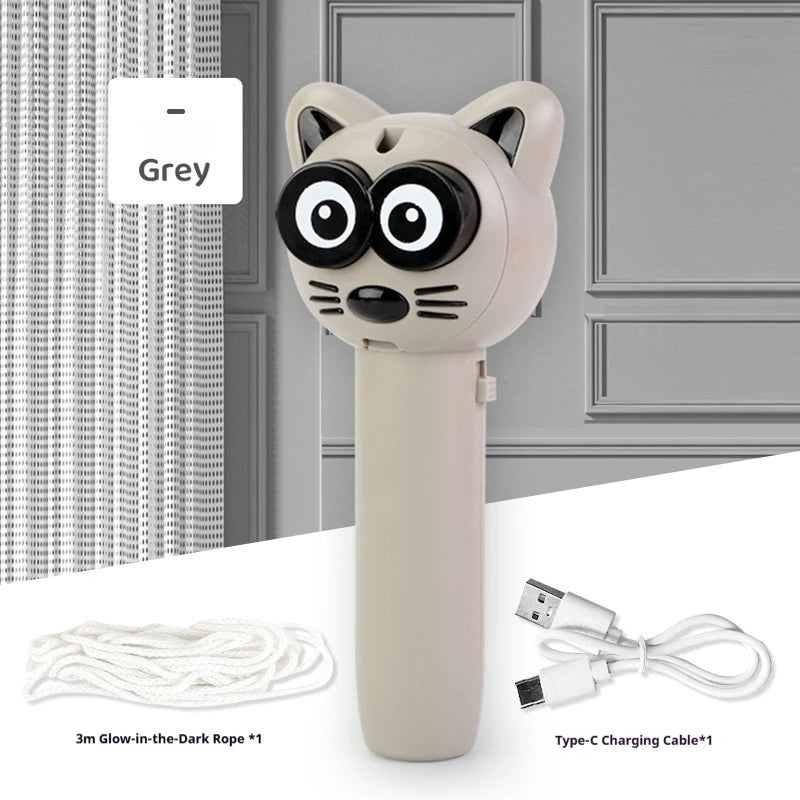 A grey cat-shaped glow-in-the-dark automatic toy with a USB charging cable and rope shown against a gray door background.