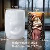 A silicone candle mold shaped like a witch portrait featuring a woman and an owl, displayed next to the finished candle.