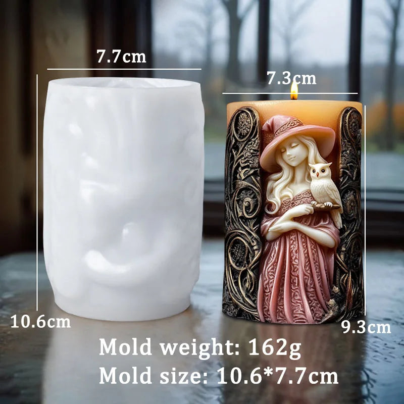 A silicone candle mold shaped like a witch portrait featuring a woman and an owl, displayed next to the finished candle.