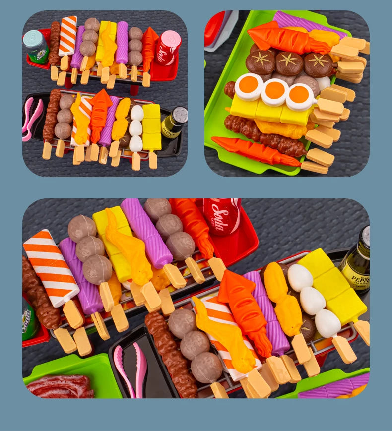 A colorful kids pretend play BBQ grill set featuring various toy foods like sausages, fruits, and vegetables.