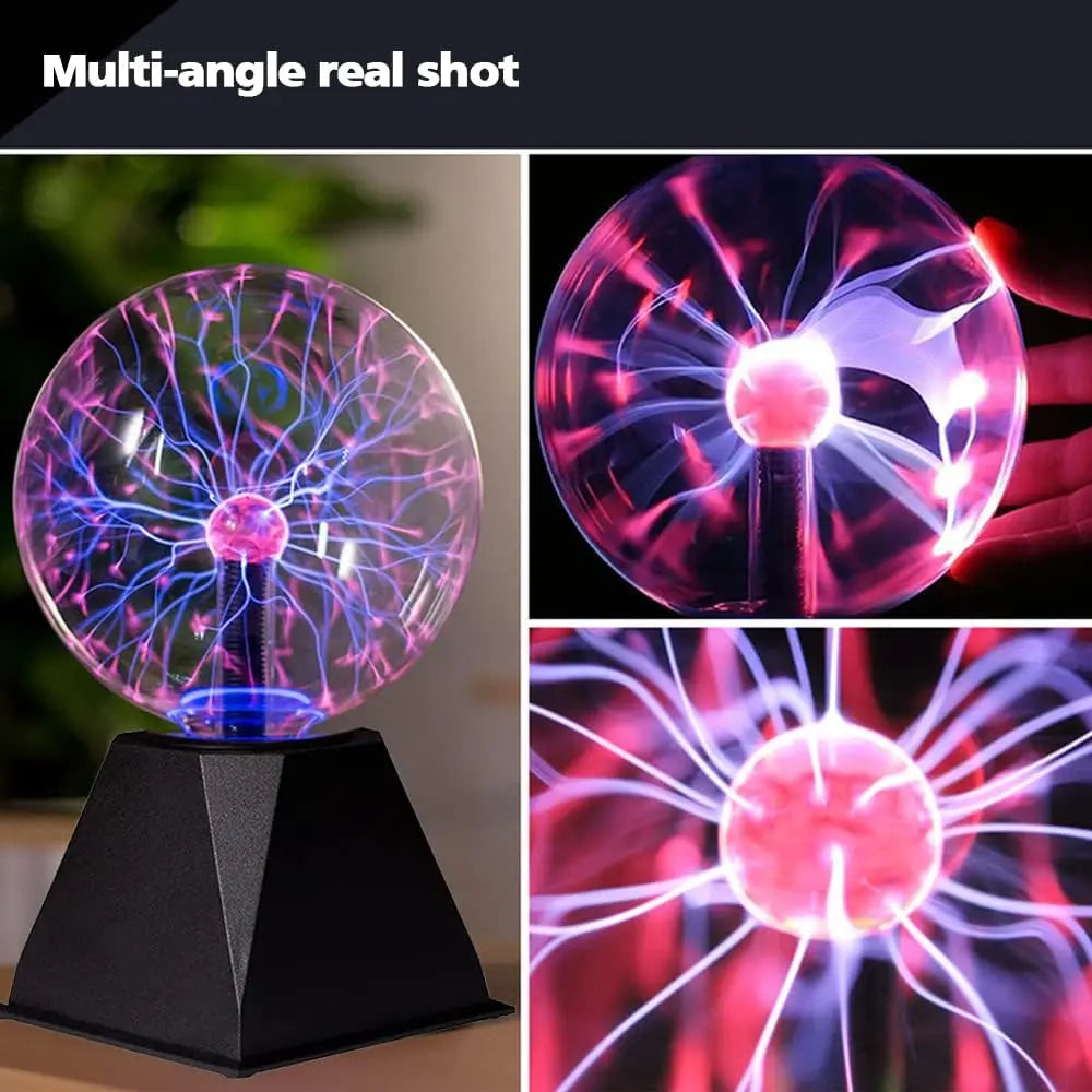 Multi-angle real shot of a touch-sensitive plasma ball lamp displaying vibrant purple and pink electrical discharges.